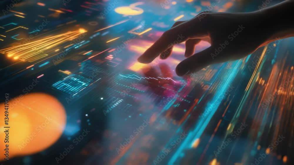 Poster businessman using interactive holographic digital display analyzing glowing futuristic charts and gr