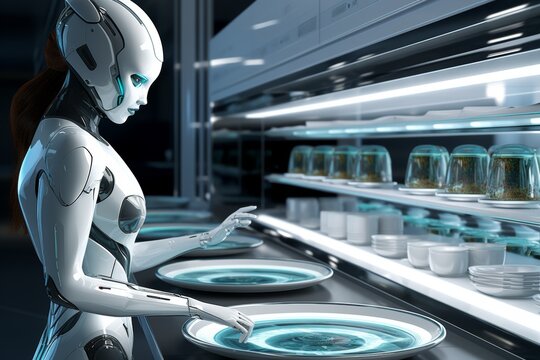 Futuristic ai home biorobot assistant demonstrating automated dishwashing in a bright kitchen