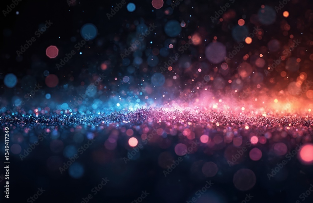 Aufkleber Abstract image of particles floating in light beam on dark background. Glittering sparkling effect with bokeh. Colorful dust, sparks, glitter. Modern background for design, space or holiday themes.