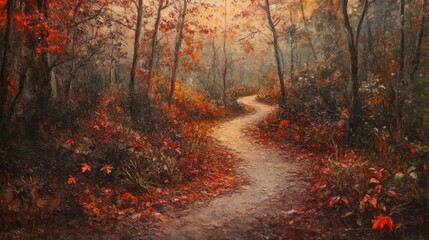 Obraz premium Autumn path winding through forest, sunlight dappling leaves