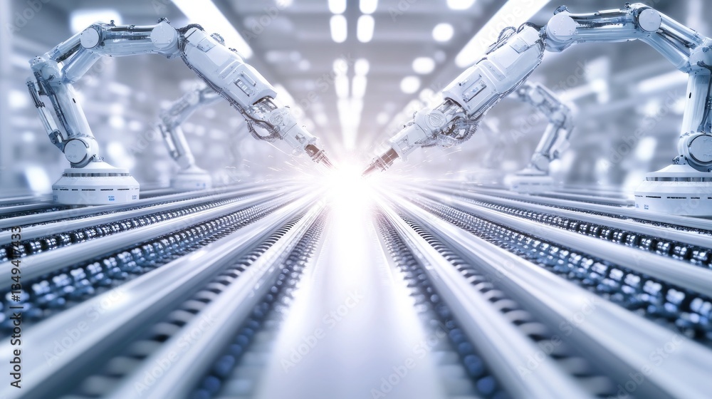 Poster futuristic factory automation: robotic arms on assembly line