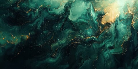 Colorful abstract art in green and gold with swirling patterns resembling a cosmic landscape