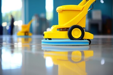Fototapeta premium Professional technique for evenly distributing gloss paint on a warehouse floor with a roller