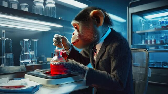 monkey scientist in suit works with test tubes in laboratory