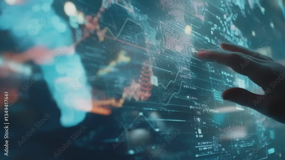 Poster businessman interacting with a futuristic touchscreen featuring a dynamic global map and data visual