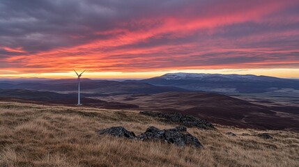 Obraz premium A stunning sunset illuminates the sky above rolling hills a lone wind turbine stands tall