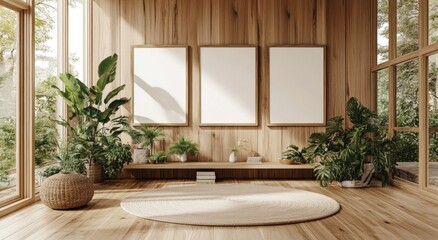 Modern Wooden Interior with Blank Posters, Sunlight, Plants, and Patio View