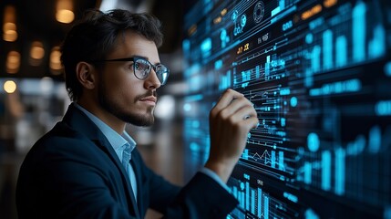 A Focused Young Professional Interacts With A Futuristic Digital Interface, Navigating Complex Data Streams With Precision And Intent Under Cool Blue Light