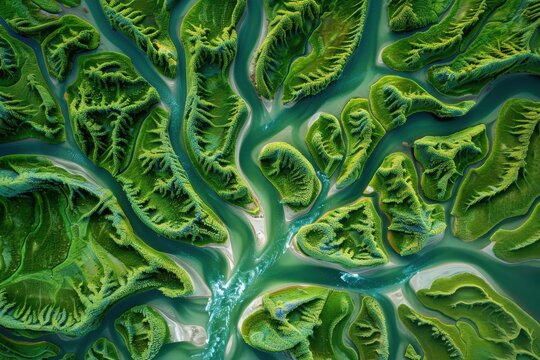 Stunning aerial view of a river delta with intricate patterns resembling tree branches at golden hour
