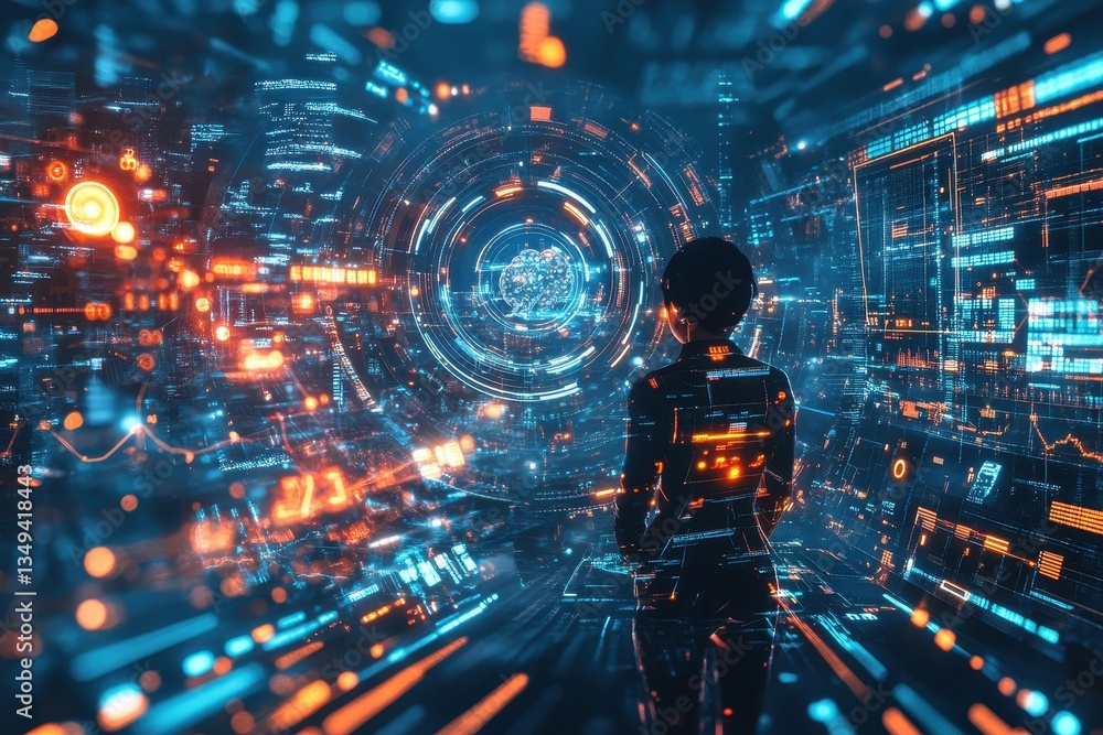 Poster futuristic data visualization with user engaged in digital interface