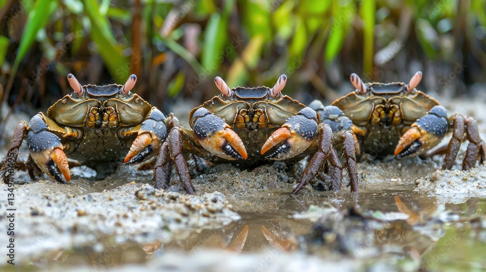Poster A group of fiddler crabs interacting in a sandy estuary with dense vegetation 