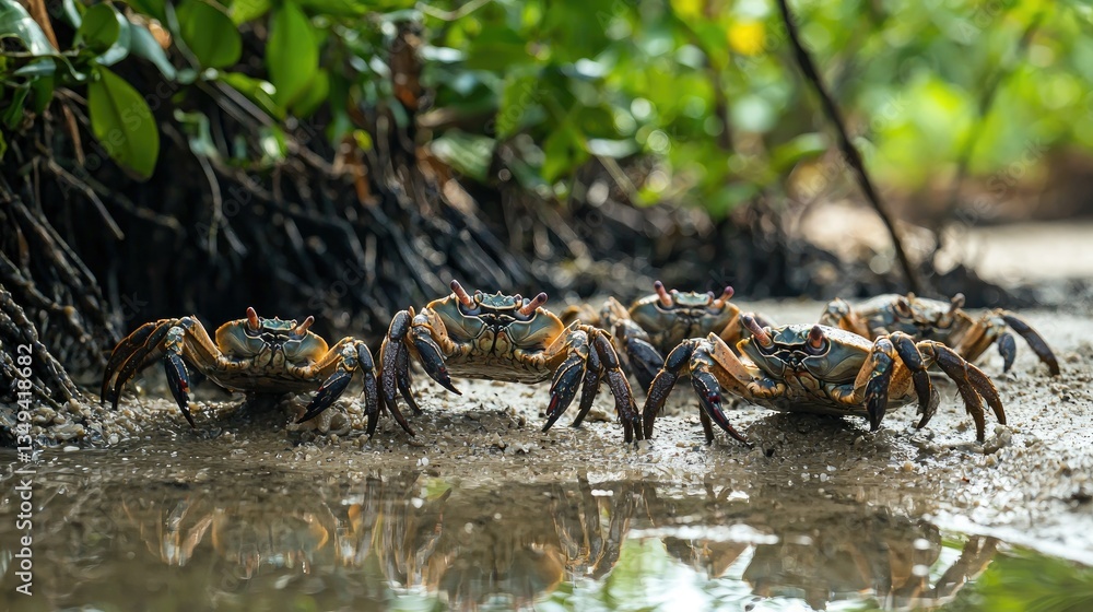 Poster a group of fiddler crabs interacting in a sandy estuary with dense vegetation