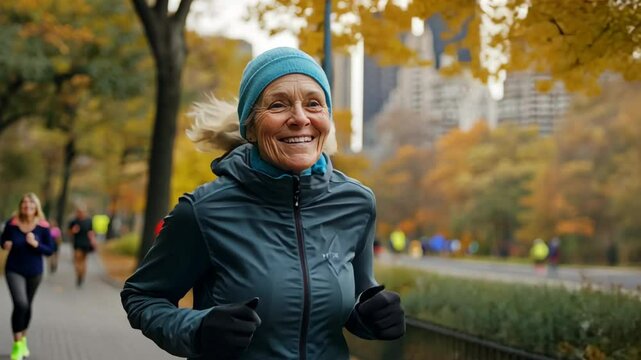 Old woman jog park during autumn. Fitness outdoor activity. Athletic elderly grandmother, active lifestyle. Health care, well being. Motivation, joy of running at nature. Grandma smiling portrait.