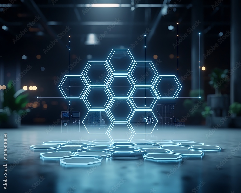 Poster futuristic honeycomb display on a concrete floor