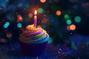 Celebrate with a vibrant cupcake topped with a glowing candle, surrounded by a sprinkle of birthday joy at night