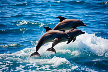 Playful Dolphins Leaping Gracefully from Vibrant Blue Ocean Waters Under a Clear Sky, Showcasing Their Agility, Elegance, and the Beauty of Marine Wildlife