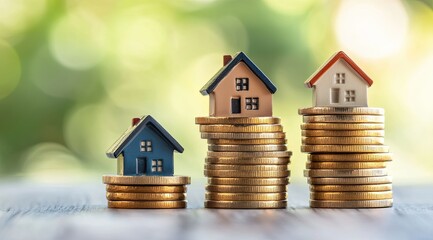 Miniature houses on stacks of coins, representing real estate investment, outdoor setting