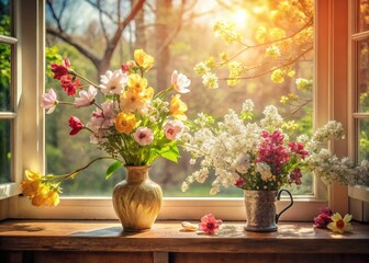 Vintage sunlit windowsill blooms: capturing spring's indoor floral beauty.