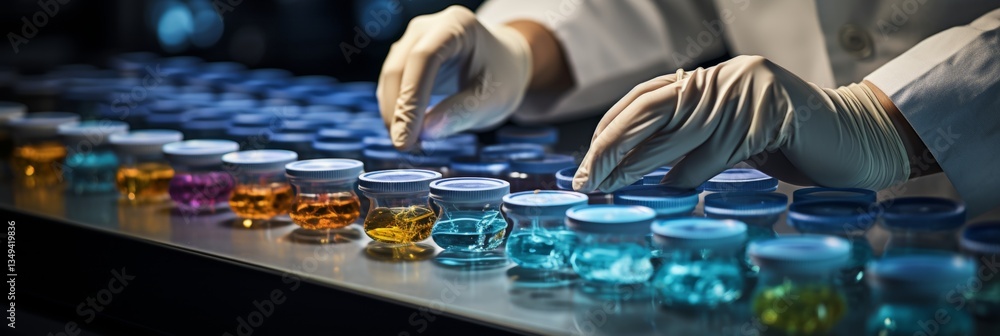 Poster close up of a specialist collecting samples in a laboratory with advanced tools and light colors