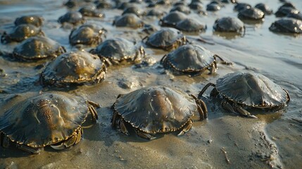 A group of horseshoe crabs gathering along a sandy shoreline during low tide. 