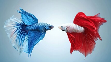 Obraz premium Harmony and Contrast: Dual Betta Fish Elegance with Red and Blue Tails