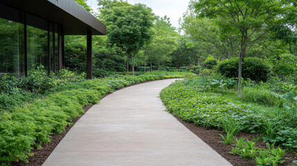 Obraz premium serene pathway winds through lush garden, surrounded by vibrant greenery and trees