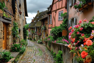 Charming cobblestone street lined with colorful houses and vibrant flowers in a picturesque village captured on a cloudy day