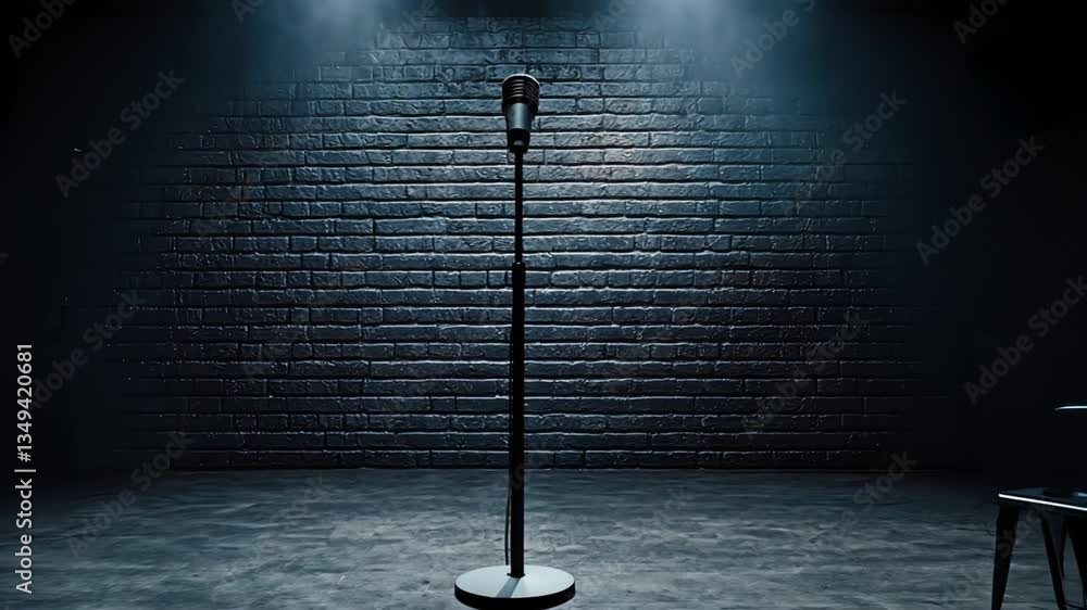 Poster dramatic empty stage with spotlight on microphone surrounded by chairs in an intimate setting ideal 