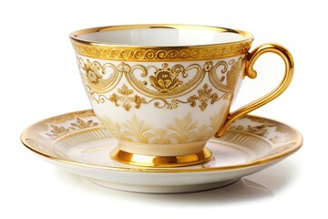 Vintage White Teacup Golden Design Low Light Photography Isolated White Background Classic Style
