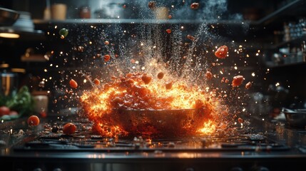 Fiery food explosion in a pan