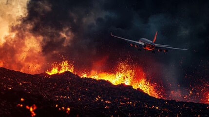Naklejka premium Dramatic Airplane Flight Over Erupting Volcano