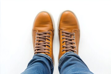 Closeup of male feet and shoes. Man wearing trainers on white background