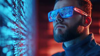 focused individual wearing futuristic blue light glasses gazes digital display filled with binary code, embodying tech savvy