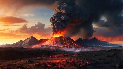 A dramatic volcanic eruption at dusk,