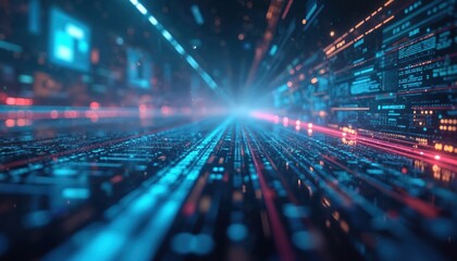 Abstract tech background with blue and red glowing lines. Futuristic digital design with data flow, cyber space. Modern technology concept with digital code.