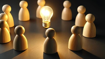 Innovative idea generation with wooden figures and glowing light bulb, fostering creativity and collaboration in warm atmosphere that inspires teamwork and innovation.
