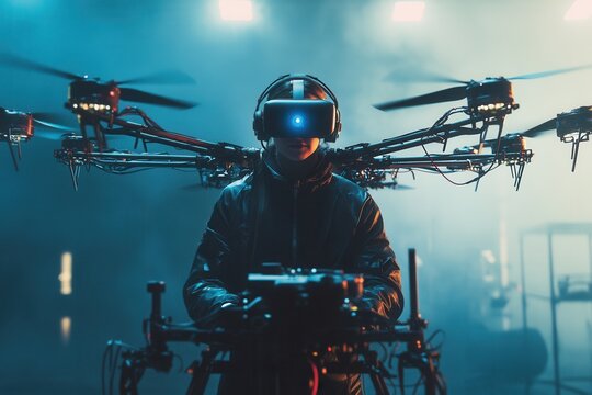 Futuristic Drone Operator with Virtual Reality Headset in Action