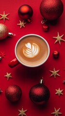 A beautifully crafted latte art coffee cup surrounded by festive Christmas decorations, including red and gold baubles and stars on a vibrant red background.