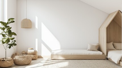 Modern and minimalist bedroom with a white color scheme. the room has a high ceiling with a triangular shape, and the walls are painted white.