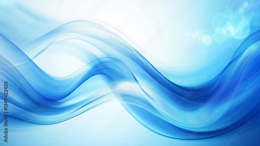 Poster elegant, flowing blue abstract design with soft waves and subtle light beams, creating a serene and 