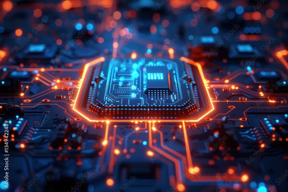 Poster glowing electric blue pathways highlight a cybernetic honeycomb pattern with intricate circuit trace