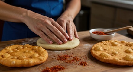 Person Preparing Flatbread Dough with Spices on Wooden Board
