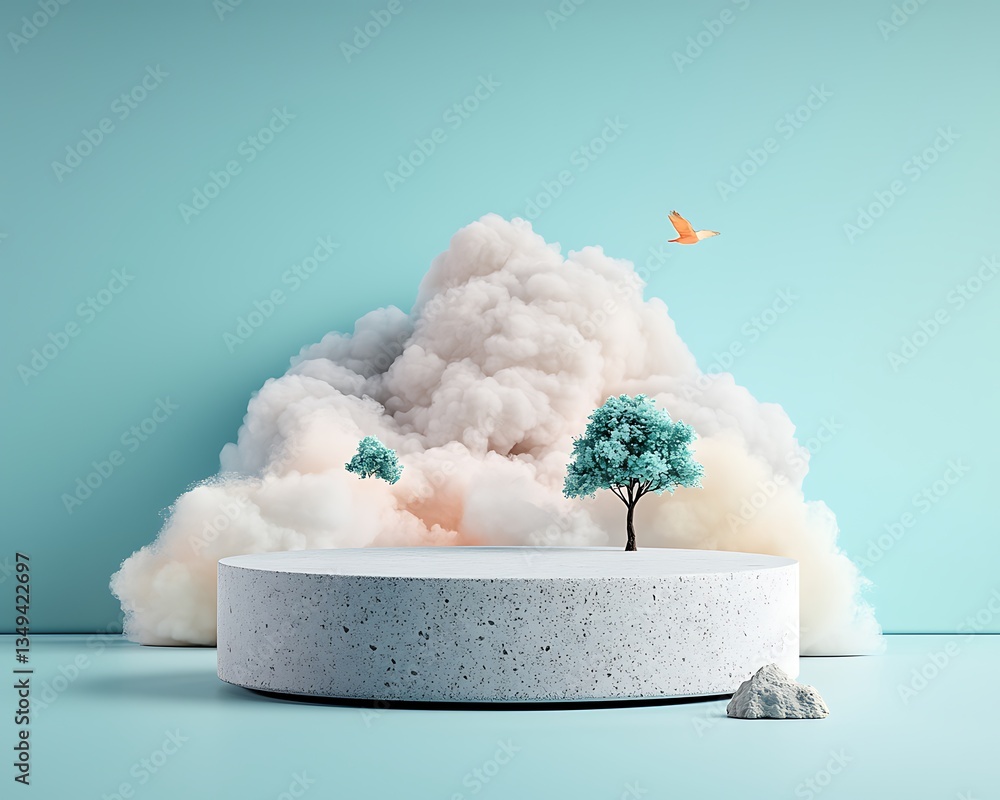 Poster abstract pedestal with clouds and trees