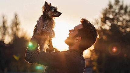 Joyful man hold play small dog against sunset background. Warm light, bond between human and animal, pure love and happiness. Silhouettes pet lovers owners. Person raise up best friend.