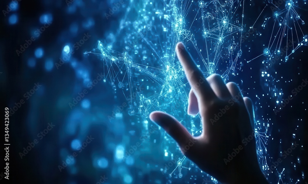 Poster hand interacting with glowing blue digital network abstract background