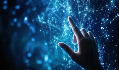 Hand Interacting with Glowing Blue Digital Network Abstract Background