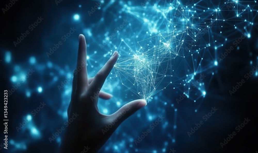 Poster hand interacting with glowing blue network abstract background