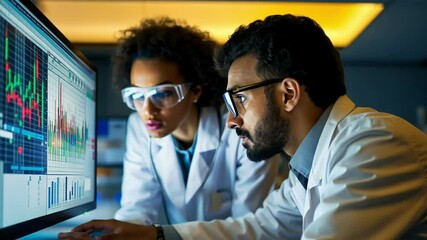 Researchers in a laboratory analyze colorful data graphs on computer screens, focusing on scientific advancements. They collaborate to interpret results and drive innovation