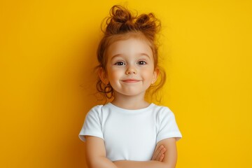 Naklejka premium design mockup toddler girl wearing plain blank white tshirt on a yellow background, studio portrait