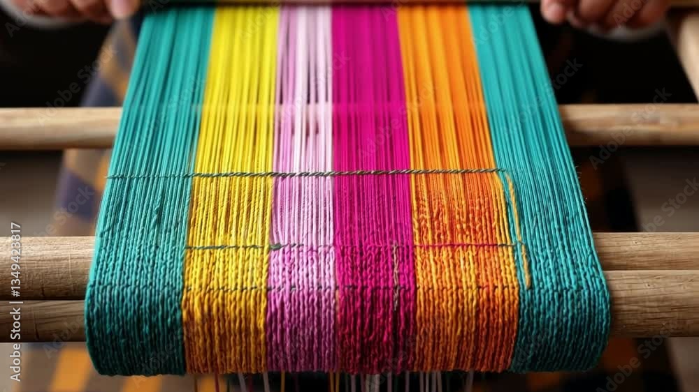 Poster close-up of a weaver's hands operating a traditional loom, creating colorful textile patterns with v